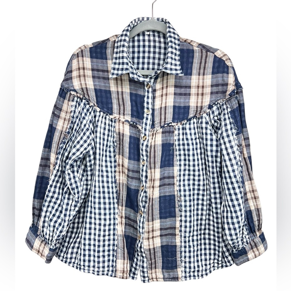 Womens Navy White Mixed Plaid Print Button Down Shirt XL